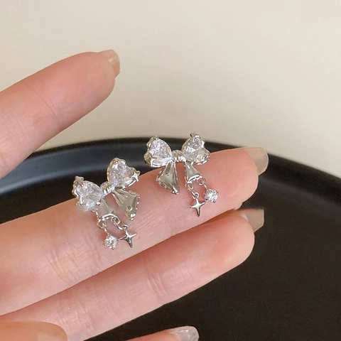 Strik Oorknopjes Met 925 Zilveren Oorpijpje Koper Zirkoon Ster Hanger Koreaanse Stijl Elegante Mode Sieraden Voor Vrouwen