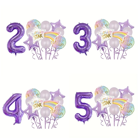 Palloncino Foil Numeri Viola E Palloncini Lattice Festa Compleanno Con Nastro E Cannuccia Stella E Forme Rotonde