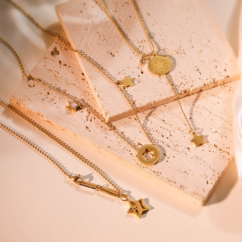 Minimalistische Titanstahl Stern Anhänger Halskette Für Damen Gold Vergoldet Geometrische Strass Charme Mode Schmuck Täglich Halskette