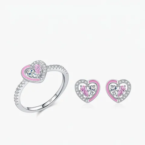925 Sterling Silver Heart Jewelry Ring And Stud Earrings Romantic Pink Enamel Pear Zirconia Sweet For Women Gift