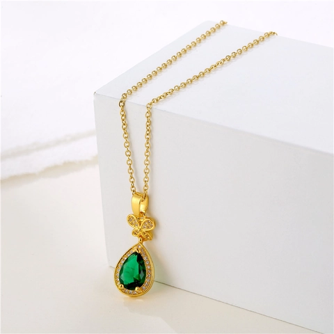 Collana Con Pendente In Zircone A Goccia D'Acqua Verde Catena In Acciaio Inossidabile Farfalla Gioielli Eleganti Per Donna