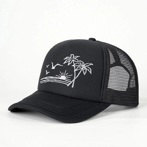 Casquette Trucker Filet Respirante Ajustable Protection Solaire Broderie Coucher De Soleil Cocotier Style Plage Tropicale Outdoor