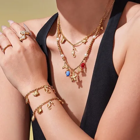 Set Gioielli Tema Oceano Acciaio Inossidabile Zircone Perla Artificial Pendente Cavalluccio Marino Stella Marina Collana E Bracciale