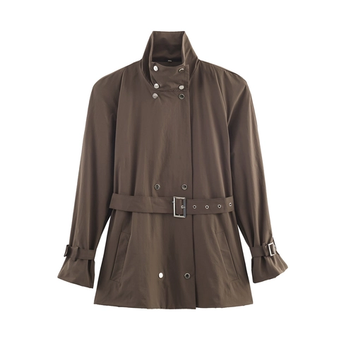 Women Minimalist Mid Length Trench Coat With Belt Stand Up Collar Double Breasted Office Lady Elegant Brown Windbreaker Jacket
