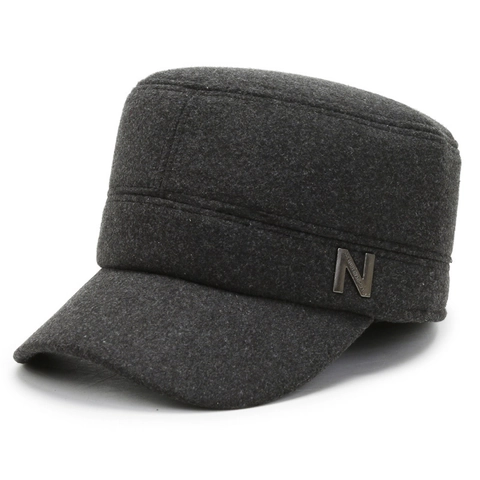 Gorra Cadet De Invierno Sombrero Militar De Techo Plano De Lana Cálido A Prueba De Viento Con Decoración De Letra N De Metal Para Hombres