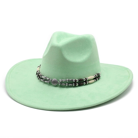 Wide Brim Fedora Cowboyhut Wildleder Polyester Ethnisches Böhmisches Perlenband Vintage Western Outdoor Sonnenhut Herren Damen