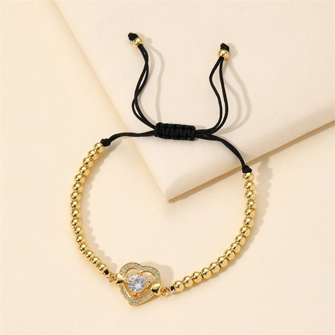 Bracciale Di Perline Regolabile Rame Micro Pave Zircone Ciondolo A Cuore Corda Intrecciata Perline Color Oro Per Donna