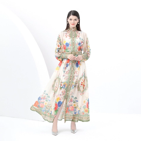 Retro Maxi-jurk Met Lange Mouwen Bloemenprint Opstaande Kraag Lantaarnmouwen Elegant Dames Met Riem