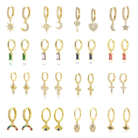 Zircon Drop Hoop Earrings Star Moon Cross Evil Eye Animal Gold Plated With Earring Post Fashion