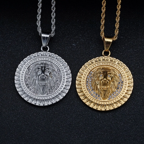 Hip Hop 316L Stainless Steel Lion Head Pendant Necklace Rhinestone Inlaid Sun Flame Medallion Gold Silver Men Jewelry