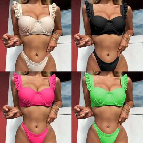 Women Bikini Top And Bottoms Ruffled Straps Underwire Padded Ruched High Cut Solid Color Sexy Beachwear Polyester Spandex