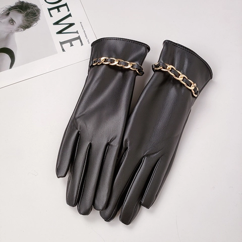 Gants En Cuir PU Pour Femmes Décoration De Chaîne En Métal Doré Doublure Chaude Mode D'Hiver Élégant Simili Cuir