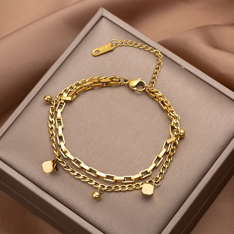 Layered Chain Bracelet Titanium Stainless Steel Gold Plated Geometry Square Beads Pendants Fashion Elegant For Women