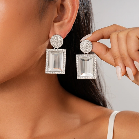 Geometric Rectangle Drop Earrings Alloy Rhinestone With 925 Sterling Silver Earring Post Elegant Fashion Women Jewelry