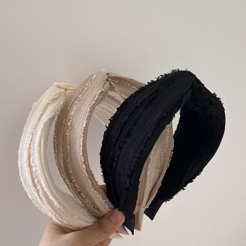 Wide Cross Twist Headband French Style Fabric Raw Edges Solid Color Vintage Hair Accessory For Women