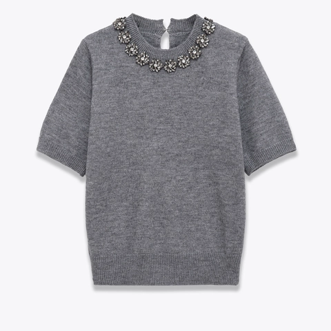 Dames Gebreide Top Met Korte Mouwen Ronde Hals Grijs Strass Bloem Kristal Decoratie Casual Elegante Trui