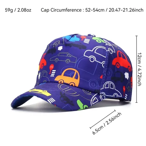 Kids Baseball Cap Polyester Adjustable Sun Protection Breathable Cartoon Dinosaur Car Shark Print For Toddler Boys Girls