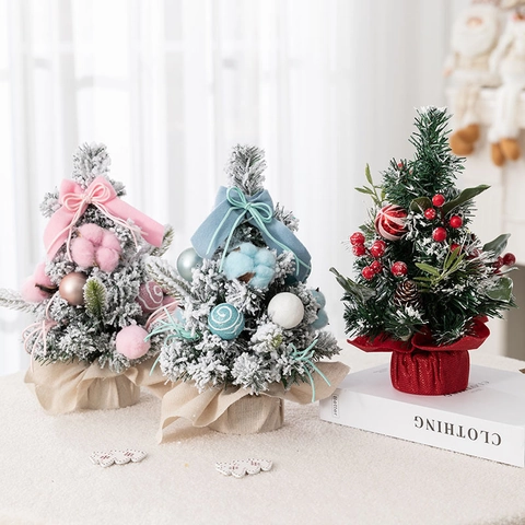 Mini Christmas Tree Snow Flocked Desktop Ornament With Ribbons Ornaments And Linen Base For Home Holiday Office Decor