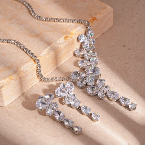 Zircon Butterfly Flower Waterdrop Necklace And Earrings With 925 Sterling Silver Earring Post Copper Luxury Style