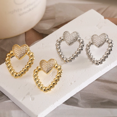 Copper Heart Stud Earrings Micro Pave Zircon Twisted Rope Texture Hollow Double Heart Elegant Fashion Jewelry For Women
