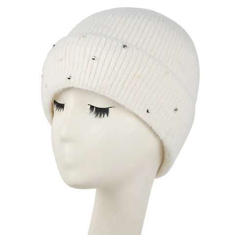 Damen Strickmütze Beanie Künstliche Perlen Strass Deko Fleecegefüttert Warm Winter Outdoor Acryl