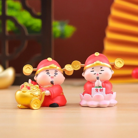 Cartoon Caishen Frog Dog Panda Figurines Resin Miniature Desktop Ornaments Lucky Charms Chinese New Year Gifts Cute