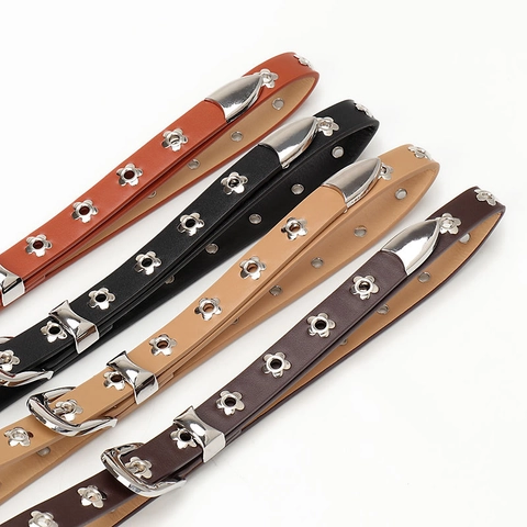 Cintura da Donna in Ecopelle Con Occhielli a Fiore d'Argento Stile Western Fibbia in Lega Cintura Sottile per Jeans Abiti Accessori