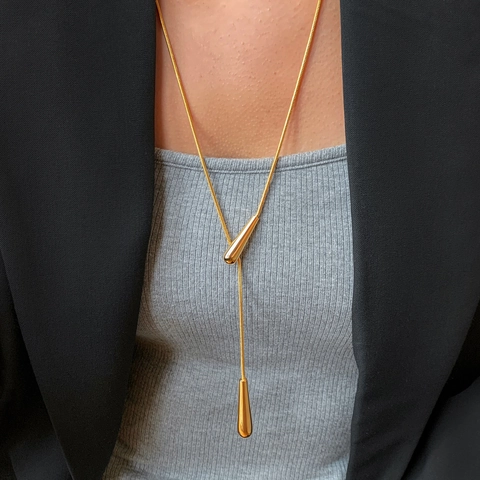 Minimalist Y Shaped Long Necklace Alloy Double Water Drop Pendants Teardrop Mirror Polish Snake Bone Chain For Women