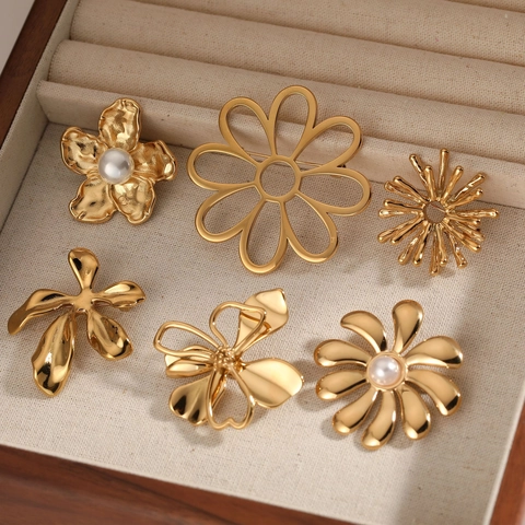 316 Stainless Steel Flower Brooch For Women Gold Plated Geometric Floral Lapel Pin With Faux Artificial Pearl Minimalist Jewelry