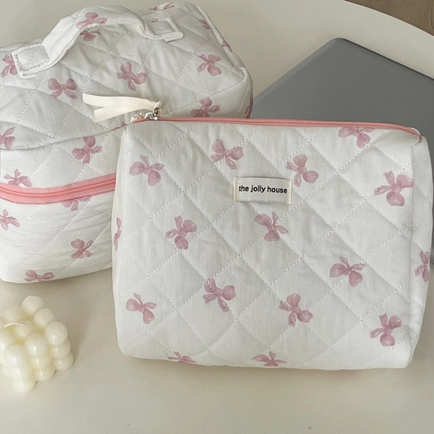 Borsa Trucco Trapuntata Fiocco Stampa Floreale Pochette Cosmetica Organizzatore Da Toeletta Portatile Per Donne