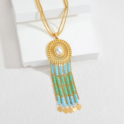 Collier Pendentif Long À Pompon Bohème Acier Inoxydable Fausse Künstliche Perle Perlé Chaîne De Pull Bijoux Circulaires Creux Pour Femmes