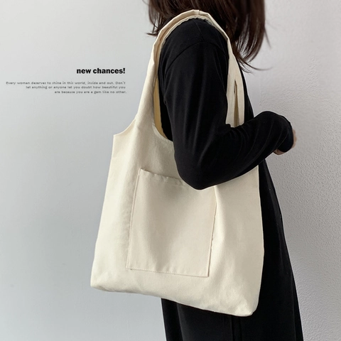 Bolso Tote De Lona En Blanco Gran Capacidad Color Sólido Bolsillo Delantero Minimalista Estilo Japonés Informal Viaje Bolso Hombro