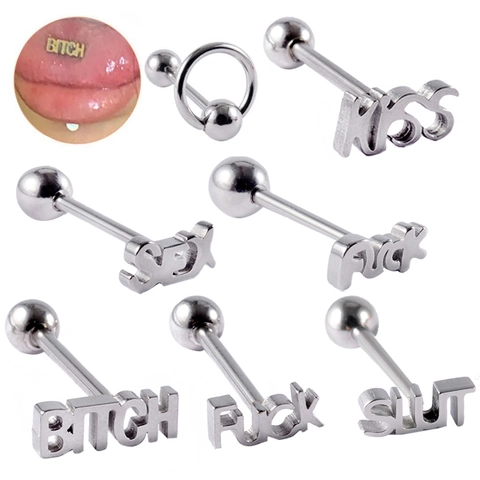 Stainless Steel Tongue Rings Letter Slogan Barbell Punk Body Piercing Jewelry For Men And Women