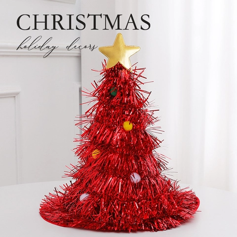 Christmas Tree Party Hat Tinsel Pom Poms Gold Star Top Costume Props Holiday Decor For Adults Kids Magic Style