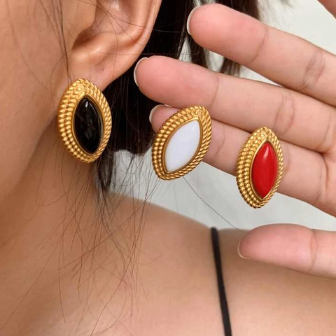 Vintage Oval Stud Earrings Stainless Steel Inlaid With Colorful Faux Agate Stones Geometric Waterproof Jewelry For Women