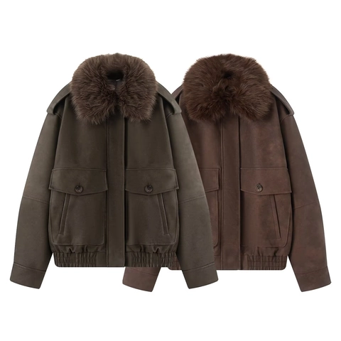 Giacca In Pelle PU Da Donna Con Collo In Pelliccia Sintetica Rimovibile Stile Scamosciato Vintage Cappotto Con Zip