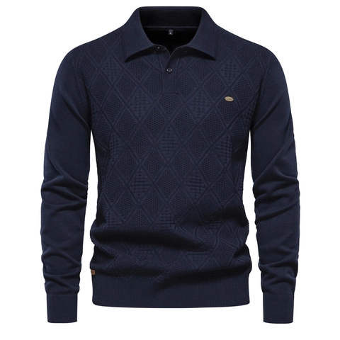 Men Long Sleeve Polo Collar Knit Sweater Diamond Pattern Slim Fit Cotton Pullover European Size Casual Business Autumn Winter Top