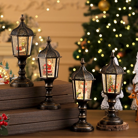 Linterna De Bola De Nieve De Navidad Retro Luz LED Lleno De Agua Nieve Volante Música Bronce Adorno De Escritorio Papá Noel