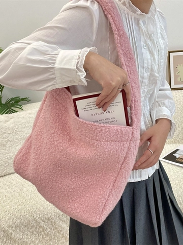 Large Capacity Plush Tote Bag For Women Winter Faux Lamb Wool Shoulder Bag Soft Solid Color Minimalist Casual