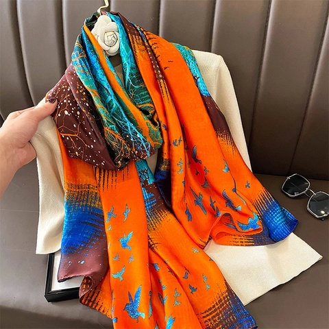 Pañuelo de Satén Vintage Estilo Chino Árbol De La Vida para Mujer Estampado Bosque Pájaro Chal Grande Suave Accesorio de Moda