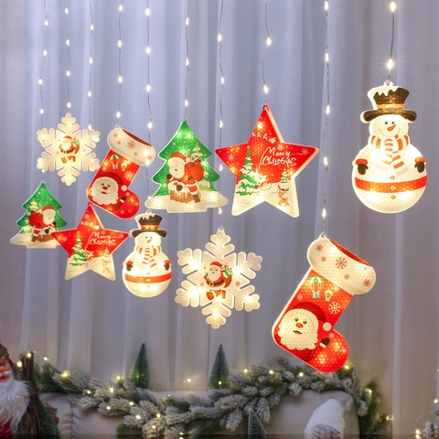 LED Christmas String Lights Warm White USB Battery Powered Window Curtain Icicle Light With Snowman Star Tree Pendants