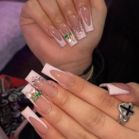 Long Coffin Press On Nails French Pink Gradient With 3D Cherry Charms And Rhinestones Artificial False Nails DIY Manicure