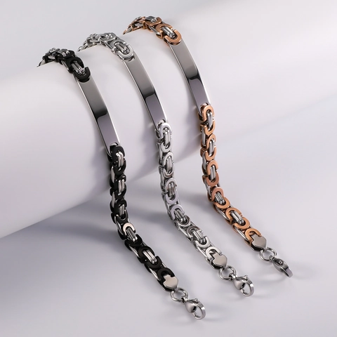 Pulsera de Identidad Bizantina de Acero Inoxidable Hip Hop para Hombre Con Placa Curva Plana Pulida Joyería de Cadena Geométrica
