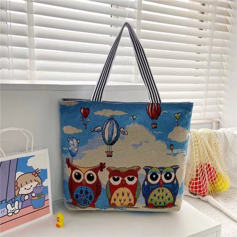 Women Jacquard Canvas Tote Bag Large Capacity Vintage Floral Cartoon Animal Stripe Handle Shoulder Bag Casual