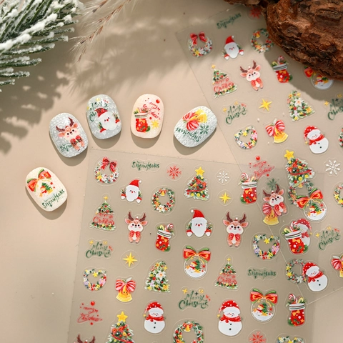Autocollants Ongles Noël Aquarelle Père Noël Bonhomme De Neige Renne Sapin 3D Gaufrés Stickers Ongles Adhésifs Décor Fête