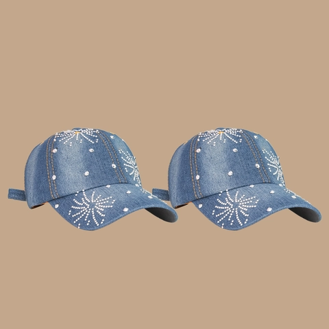 Cappello Da Baseball In Denim Con Fiocco Di Neve In Strass Blu Lavato Regolabile Protezione Solare Moda Vintage Unisex