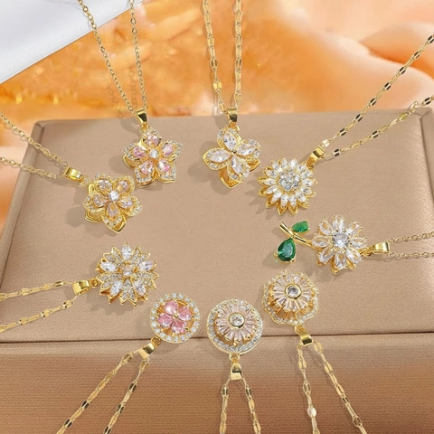 Rotating Flower Pendant Necklace For Women Stainless Steel Zirconia Elegant Fashion Clavicle Chain Jewelry Gift