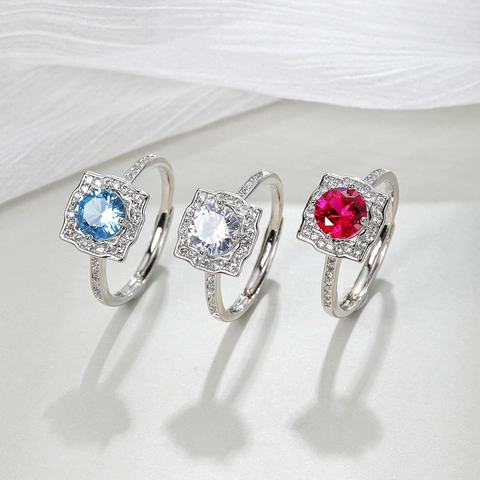 Mode Verstelbare Vierkante Halo Ring Voor Dames Verzilverd Koper Met Zirconia Rood Korund Spinel Verlovingssieraden Cadeau