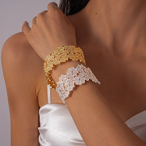 Bracciale Rigido A Polsino Con Fiori Svuotati Vintage Da Donna Rame Largo Gioiello Floreale Regolabile