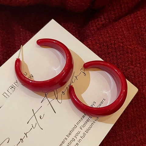 C-Vormige Creolen Dikke Rode Acryl Oorknopjes Met Zilveren Oorsteker Retro Mode Voor Dames